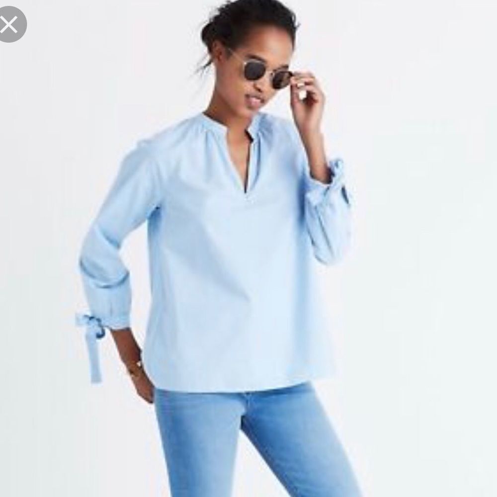 Madewell blue striped tie sleeve popover top XXS